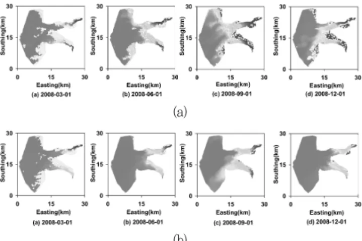 Fig.  14  Top  views  of  temporal  and  spatial  distributions  of  salinity(ppt)  of  (a)  RUN-1  and  (b)  RUN-2