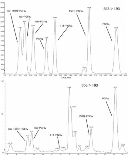 Fig. 3. LC/MS/MS spectra of 7 standard prostaglandins diluted in mobile phase (0.1 ng/ml) (top) and human urine sample (bottom).