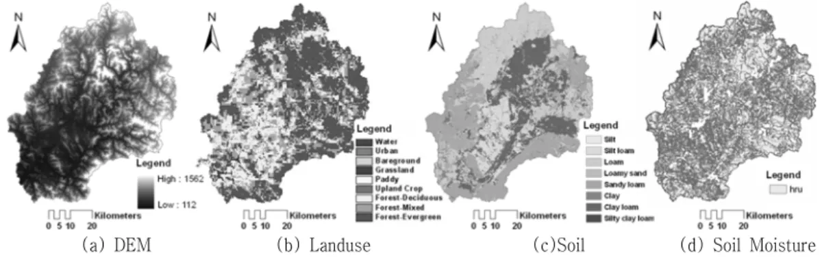 Fig.  3  Input  data  for  SWAT  model료를 제공하지 않으므로, 일조시간을 이용하여 동일한 기간의 자료를  구축하였다.SWAT 모형에서 수문 순환 분석 시, 해당 유역의 지형특성, 토양 및 토지이용 등을 고려한다