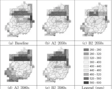 Fig.  3  Spatial  variation  in  mean  seasonal  rainfall  (May  to  Sept.)  for  the  baseline  (1961-1990)  and  future  scenarios