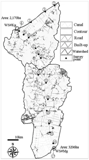 Table  2  GIS  data  layers  and  their  corresponding  contents 레이어명 NGIS  속성번호 속성내용 등고선 7132, 7132 등고수치 ,  표고수치 하천망 2110 ～ 2115 미분류 ,  실폭하천 ,  세류 ,  건천 ,  호수 / 저수지 ,  하천중심선 도로 3110 ～ 3118 미분류 ,  고속국도 ,  일반국도 ,  지방도, 특별/광역시도, 시도, 군도, 면/ 리간 도로 ,  부지안 도로 주거