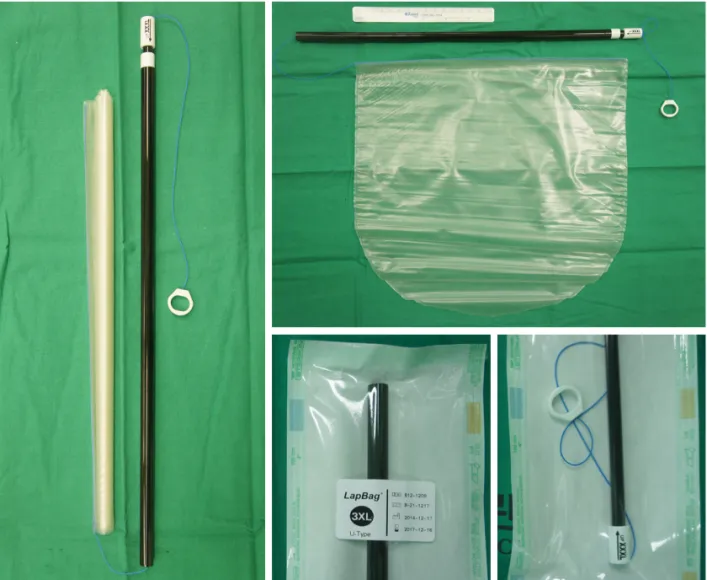 Fig. 1.  A specifically designed 30×30-cm 2 -sized laparoscopic specimen retrieval bag (3XL LapBag, Sejong Medical Co., Seoul, Korea).