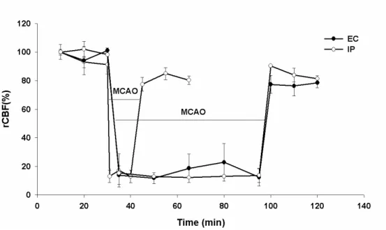 Figure  2.  rCBF  of  EC  and  IP  in  MCAO.  Relative  rCBF  measurements  were  made  over  the  ipsilateral brain cortex by laser Doppler flow meter