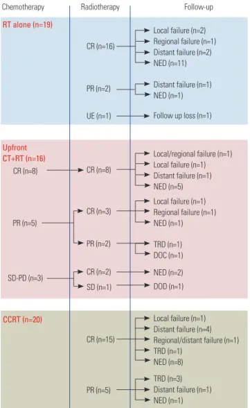 Fig. 1. Summary of treatment outcomes and treatment failures. RT, radio- radio-therapy; CR, complete response; PR, partial response; UE, unevaluable;  CT, chemotherapy; SD, stable disease; PD, progressive disease; NED, no  evidence of disease; TRD, treatme