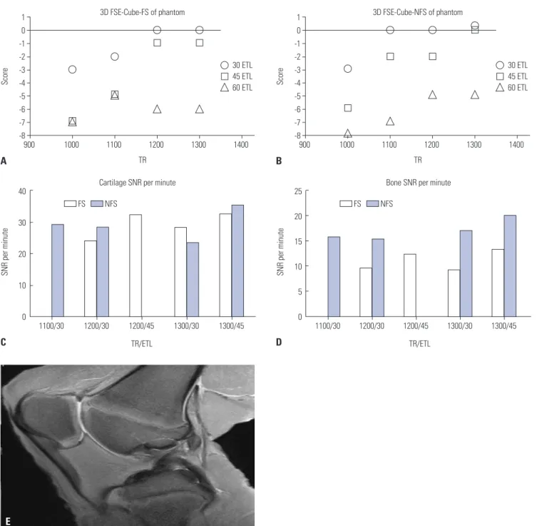 Fig. 1.  Subjective scores of phantom imaging (A) with fat suppression and (B) without fat suppression