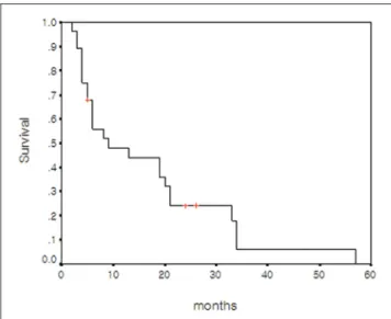 Fig. 4. Overall cumulative survival curve of 28 patients with recurrent hepatocellular carcinoma calculated from the time of living donor liver transplantation.