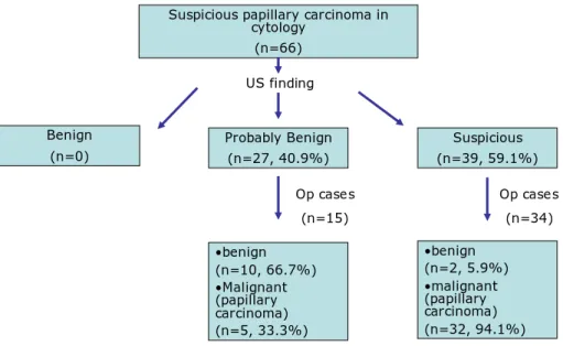 Figure 5B. Diagram of suspicous cytology nodules with sonographic categories and pathology  results - suspicious papillary carcinoma in cytology