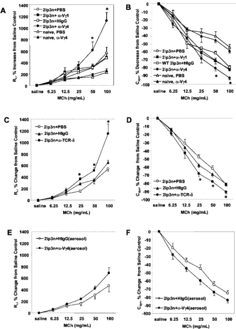 FIGURE 2. Increase in AHR in OVA-sensitized and challenged C57BL/6 mice treated with anti-TCR V ␥4 mAb