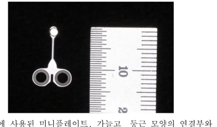 그림 1. 본 연구에 사용된 미니플레이트. 가늘고  둥근 모양의 연결부와 버 튼 모양 두부를 갖는다. (Ortho-anchor miniplate ® , the Biomaterials  Korea, Seoul, Korea) 