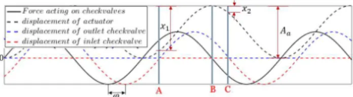 Fig.  8  The  displacement  of  the  PZT  actuator  and  the  check  valves  with  the  phase  shift  (  )