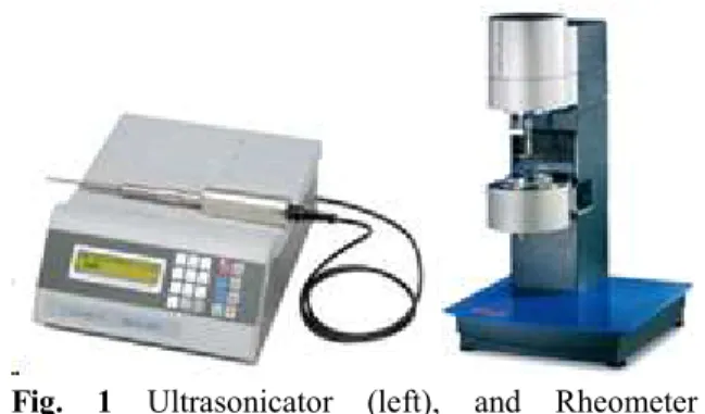 Fig.  1  Ultrasonicator  (left),  and  Rheometer  (right)간에  따른  물리적/유변학적  변화가  발생하므로,  이를 확인하기  위한  연구가  진행되었다.김용국  등은  초음파를  이용하여  유화연료를  제조하였으며,  함수량  및  초음파  교반  시간에  따른  점도  및 표면장력의  변화에  대한  연구를  수행하였다  [5]