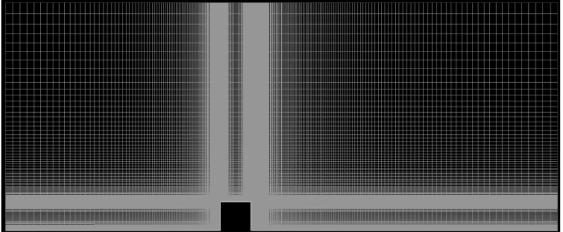 Fig. 3. Computational domain for the flow consisting of 3 blocks: bottom space, near the edge corner of obstacle, and  upper space