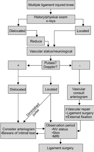 Fig. 5.  Treatment  algorithm  for  the  multiple-ligament  injured knee. NV: neurovascular 2) .