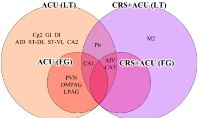 Fig.  7.  Schematic  venn  diagram  of  brain  regions  altered  by  ACU  (LT)  and  ACU  (FG)  in  normal  and  CRS  mice.