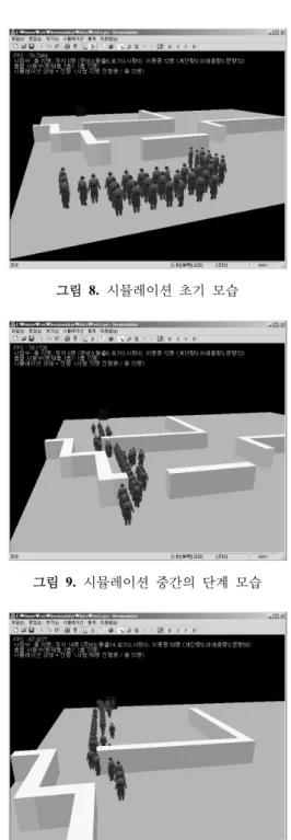 그림  5.  시뮬레이션  초기  단계의 모습 그림  6.  시뮬레이션  중간  단계의 모습 그림  7.  시뮬레이션  종료  직전의 모습 그림 8.  시뮬레이션 초기  모습 그림 9