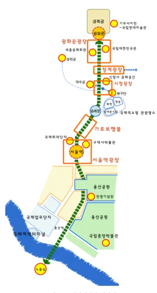 그림 1. 국가상징거리 대상지 출처 :  국토해양부 보도자료(2009)과 같은 인문 환경적 조건과 공간 인식에 영향을 주는 물리적 환경 구성요소가 동시에 고려될 수 있도록 해야 한다