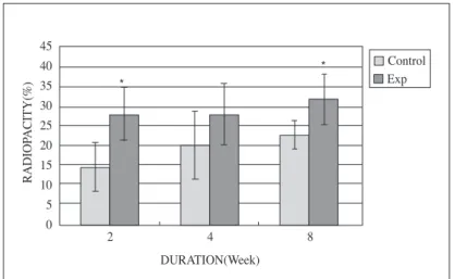 Figure 5. Radiodensitometric analysis of control and experimental groups  * : Statistically significant difference compared to control group(p<0.05)