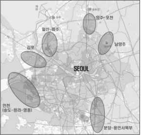 그림 1. 수도권 개발 밀집지역 분포 그림 2. 사례지역(분당 및 용인서북부) 성사진과 GIS분석을 통해 수도권의 개발지역을 분석해보면, 개발 밀집지역으로 대표적인 지역이 분당-용인서북부,  인천-김포,  일산-파주,  양주-포천,  남양주 등이다(그림 1).1) 본 연구에서는 수도권의 대표적인 개발 밀집지역인 분당 및 용인서북부지역을 대상으로 신도시 및 주변지역 현황분석과 주민 설문조사 등을 통해 신도시 및 주변지역의 거주환경을 실증분석하고 향후 도시개
