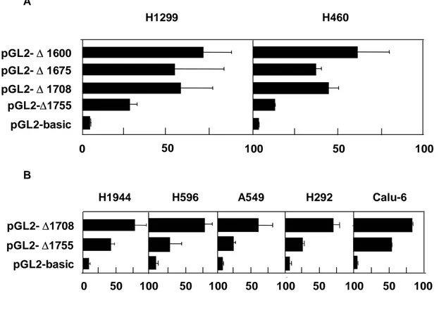 Fig. 4. IGFBP-3 promoter activity in various NSCLC cell lines. A. H1299 cells, which have methylated IGFBP-3 promoter, and H460 cells, which have unmethylated IGFBP-3 promoter, were transiently transfected with pGL2-basic, ∆1600, -∆1675 -∆1708, or -∆1755 l