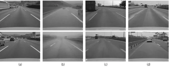 Fig. 7. Lane  candidates  detection  results  :  (a)  input  image  (b),  (c)  result  without/with  weighting.