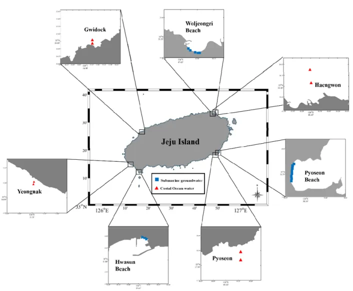 Fig.  1.  Map  showing  the  sampling  stations  in  the  saline  groundwater  (Woljeong,  Pyoseon,  and  Hwasun  beaches)  and  coastal  water  (Haengwon,   Pyoseon,   Gwideok,   and  Yeongnak)  in  Jeju  Island,   Korea 