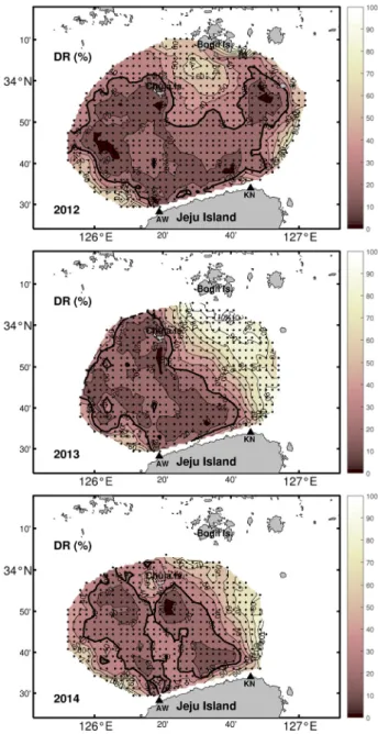 Fig.  7.  Distributions  of  the  deviation  ratio  (DR)  of  the  annual-mean  M 2   tidal  ellipse  of  HFR  data  from  the  M 2   tidal  ellipses  of  KHOA  data  in  2012,  2013  and  2014
