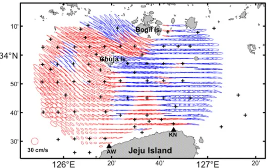 Fig.  4.  Distribution  of  KHOA  M 2   tidal  ellipses  used  in  the  analysis.  Crosses  sign  represent  stations  (total  69  sites)  of  current  data  by  KHOA