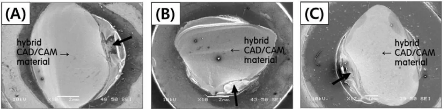Figure  6.  SEM  images  of  mixed  failure  modes  (A:  LUS,  B:  ENA,  C:  PGB).