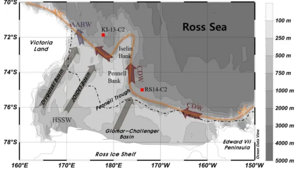 Fig. 1. Physiography of the Ross Sea. A gravity core (KI-13-GC2) was collected at site KI-13-C2 (71 o 52'S, 177 o 48'E, depth 1800 m) located in the Central Basin at the western continental margin of the Ross Sea
