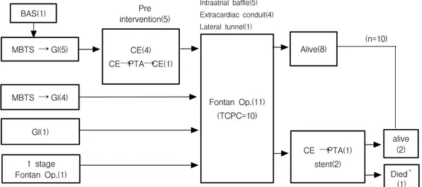 Fig. 3. Flow chart showing catheter or surgical intervention in the treatment of pulmonary atresia with intact ventricular septum(PA/IVS) patients who were underwent Fontan type operation