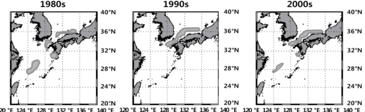 Fig. 7. Schematic view for the location of autumn spawning ground for Todarodes pacificus by CRS (  : spawning ground) 