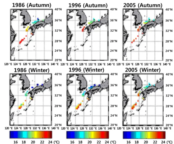 Fig. 6. Inferred spawning ground of Todarodes pacificus for autumn (upper) and winter (lower) in 1986, 1996 and 2005 