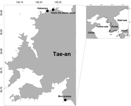 Fig. 1. The study area and sampling sites at inetertidal rocky bottoms in the west coast of Korea