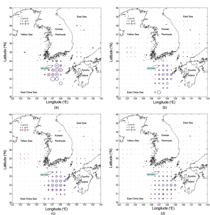 Fig. 4. Spatial distribution of the IDP estimate and its CI range. ○, Estimated IDP proportion; +, Estimated Confidence Interval range; ·, no presenting area on the IDP and its CI range, with below 6 sampling points.