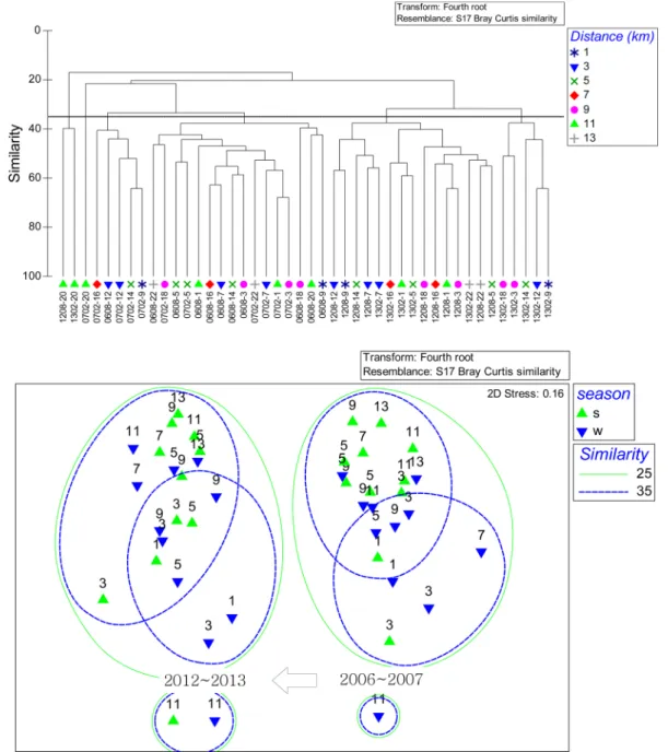 Fig. 12. Cluster analysis and MDS ordination of Macrobenthos between 2006 −2007 and 2012−2013 (The marks in clustering means the distance from a power plant, km) 