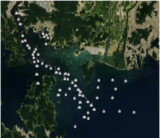 Fig. 1. The observation map shows the points observed in the area (around Jinhae and Geoje) where red  tide occurred in August 1998, August 1999, August 2001, August 2003 and August 2013