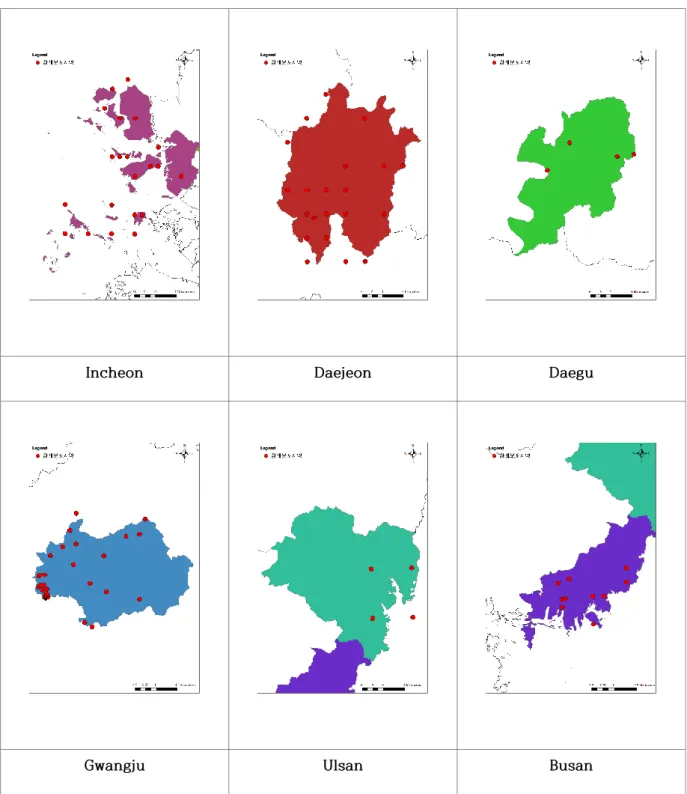 Fig. 1. Major distribution points of sparrows in six metropolitan cities (Incheon, Daejeon, Daegu, Gwangju, 