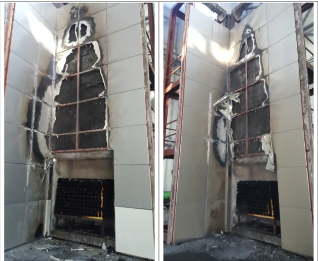 Figure 21. Fire spread shape after testing. 시험 후 형상과 온도 그래프를 비교해 보면 450초 전후 로 level 1 표면의 온도가 빠르게 상승하며, level 2 중공층 및  단열층 온도가 상승하는 것을 확인할 수 있었다