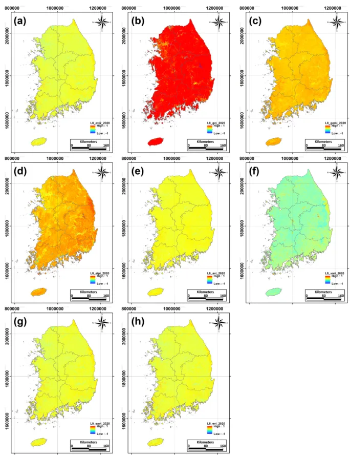 Fig.  2.  2020년에  촬영한  Landsat-8  위성영상으로부터  제작한  (a)  EVI2;  (b)  GCI;  (c)  GEMI;  (d)  SIPI;  (e)  AVI;  (f)  VARI; 