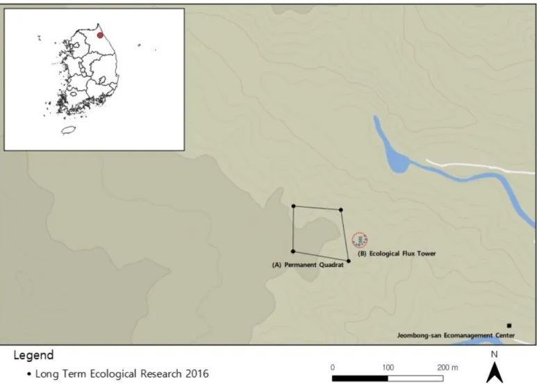 Figure 1. Map of the research site at Mt. Jeombong in Gangwon-do (shown as a red circle in the inset)