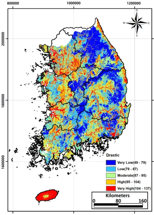 Figure 2.  지하수  오염취약성도(General DRASTIC model) 