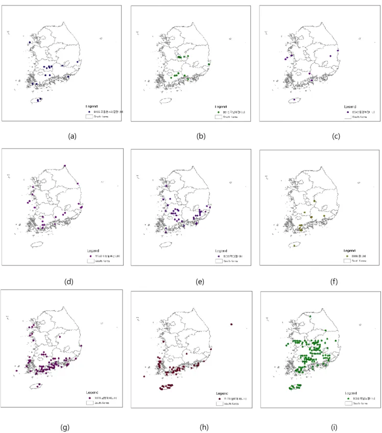 Fig. 1. Occurrence points of 9 southern butterfly species;  (a) C. Benjaminii, (b) Z. Otis, (c) L