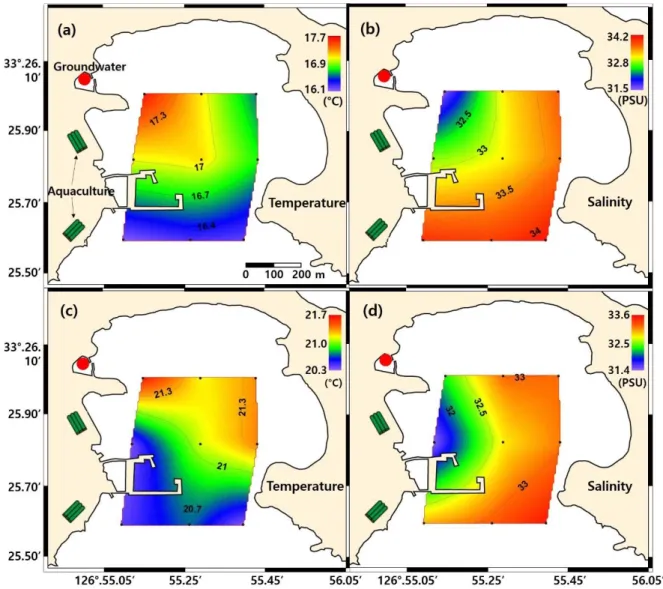 Fig. 2. (a) Sea surface  temperature  and (b) salinity observed from 13:21 to 13:49 April 24, 2019 during the  ebb tide, and (c) sea surface  temperature  and (d) salinity observed  from 10:58 to 11:28 June 23, 2019 