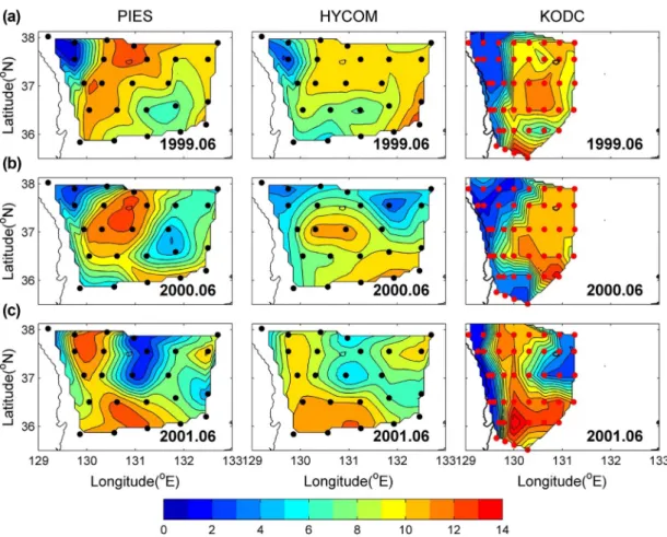 Fig. 11. Distributions of temperature at 100 m from PIES (left), HYCOM (middle), and KODC (right) in June of 1999, 2000, and 2001