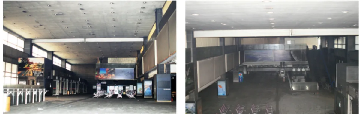 Figure 13. Activating smoke control curtains at 2 nd  floor of terminal building. 아서 Figure 13과 같이 정상 작동을 하였더라도 제연커튼으 로 연기의 흐름을 지연시킬 수 없게 지하 1층의 우레탄폼 이 연소되면서 다량의 연기가 분출하였으므로 제연커튼의  작동과 화재피해를 연관시킬 수 없다
