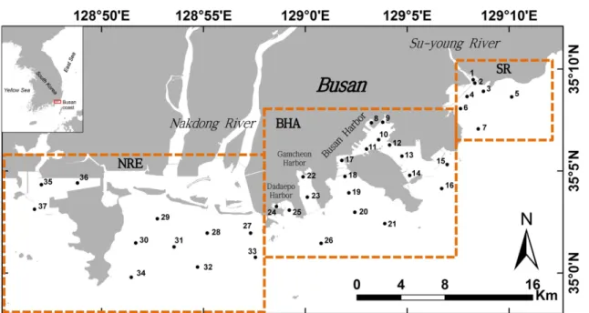 Fig. 1. Sampling locations of surface sediments in Busan coast. NRE, Nakdong River estuary; BHA, Busan harbor area; SR, Su-young River