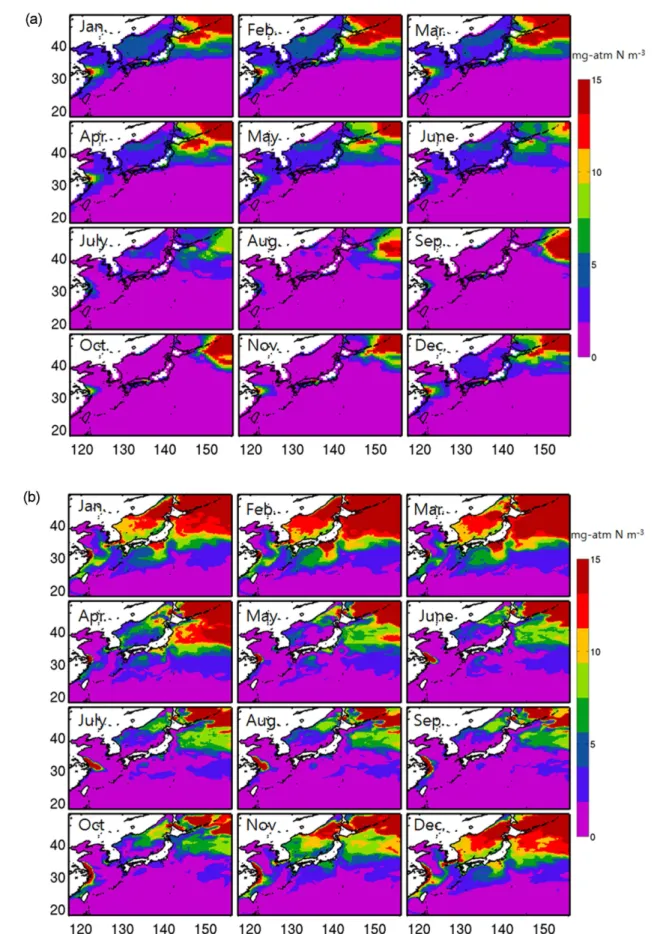 Fig. 6. Seasonal variation of surface nitrate (NO 3 ) (mg-atm N m −3 ) obtained from (a) CARS2009, (b) model result averaged from the last 4-year simulation, and (c) difference between the model and observation