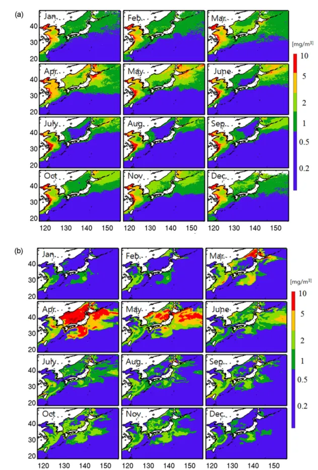 Fig. 8. Seasonal variation of surface chlorophyll concentration (mg/m 3 ) obtained from (a) the averaged SeaWiFS data over 1997 −2010, (b) model result averaged from the last 4-year simulation, and (c) difference between the model and observation