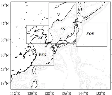 Fig. 1. Model domain and bottom topography (grey contour lines) for ROMS-NPZD coupled modeling system