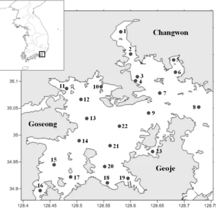 Fig. 1. The sampling stations for macrobenthos from February, 2011 to November, 2012 in Jinhae Bay of Korea